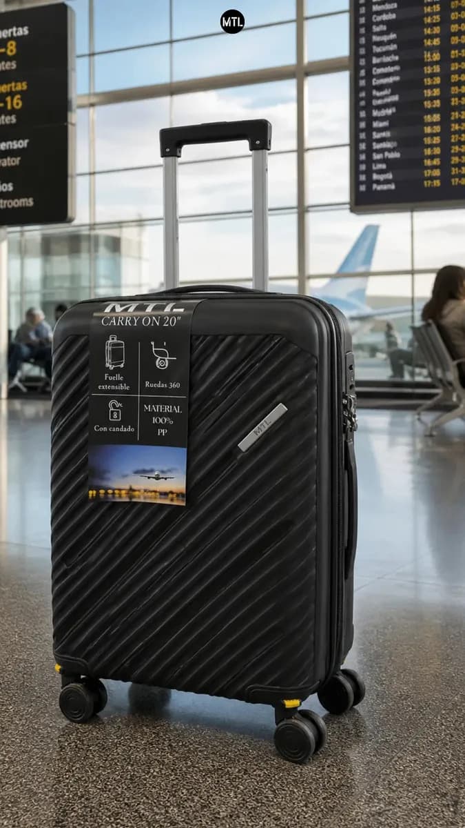 Valija Carry On Mtl 20 Pulgadas Cabina Rigida Equipaje Mano Liviana Resistente Ruedas 360 Giro Spinner Candado Seguridad Diseño Premium Viaje Avion Compacta Durable Color Negro