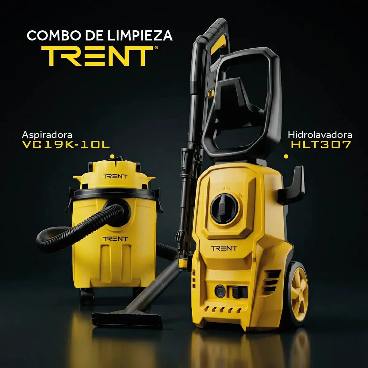 Combo Hidrolavadora Aspiradora Electrica Alta presion Trent HLT307 + VC19K Amarillo 50hz