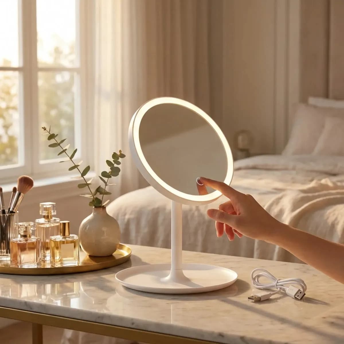 Espejo Maquillaje Led Redondo Táctil Touch Usb Luz Blanca Iluminado Tocador Camarera Regulable Brillo Belleza Profesional Baño Dormitorio Regalo Mujer Maquilladora Espejo Con Luz Led Usb Blanco