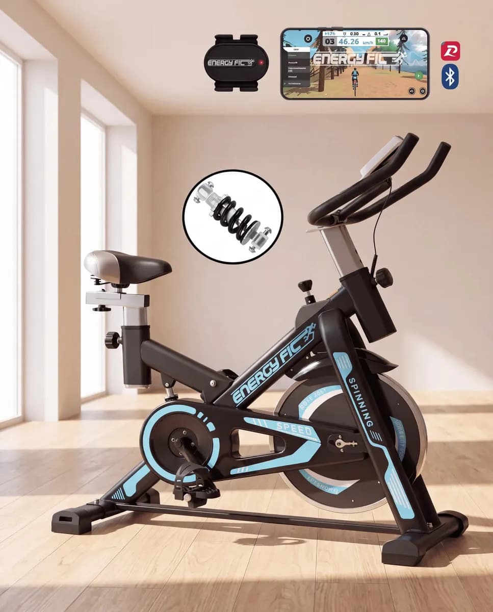 Bicicleta Spinning Shock Rider Profesional Con Amortiguador 30 kg y App Bluetooth Energy Fit