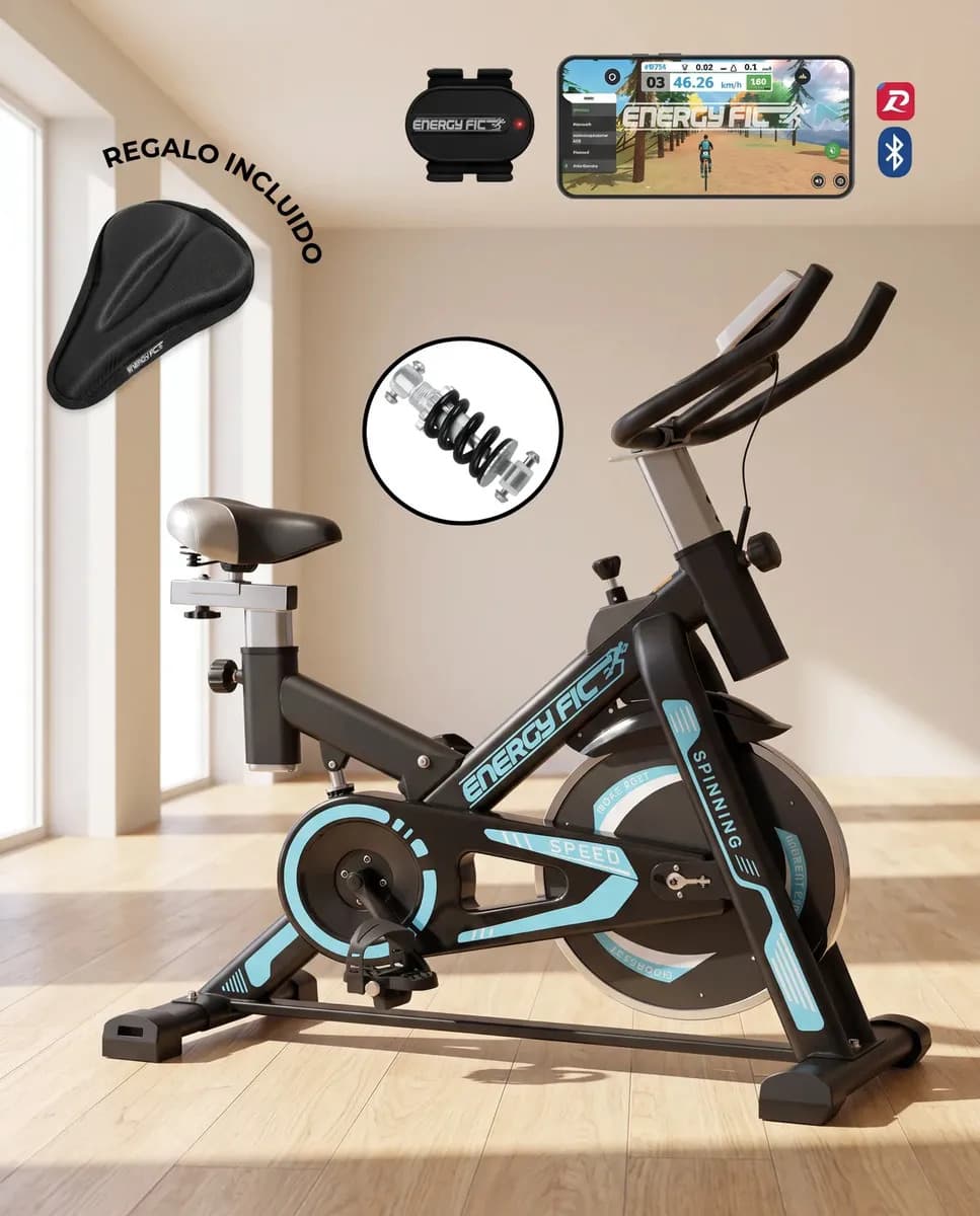Bicicleta Spinning Shock Rider Profesional Con Amortiguador 30 Kgs y App Bluetooth Energy Fit