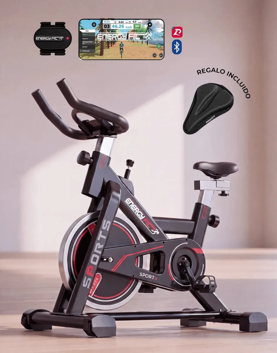 Bicicleta Fija Spinning Profesional Gym 8 Niveles 28 Kgs con App Bluetooth