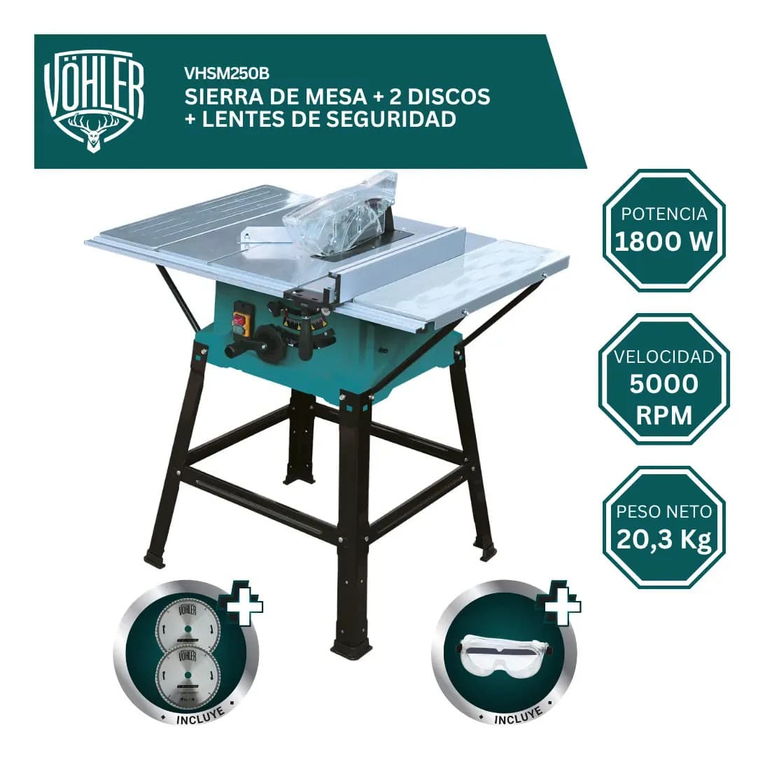 Sierra Circular Mesa Vöhler 250mm 1800W con 2 Discos y Lentes de Seguridad