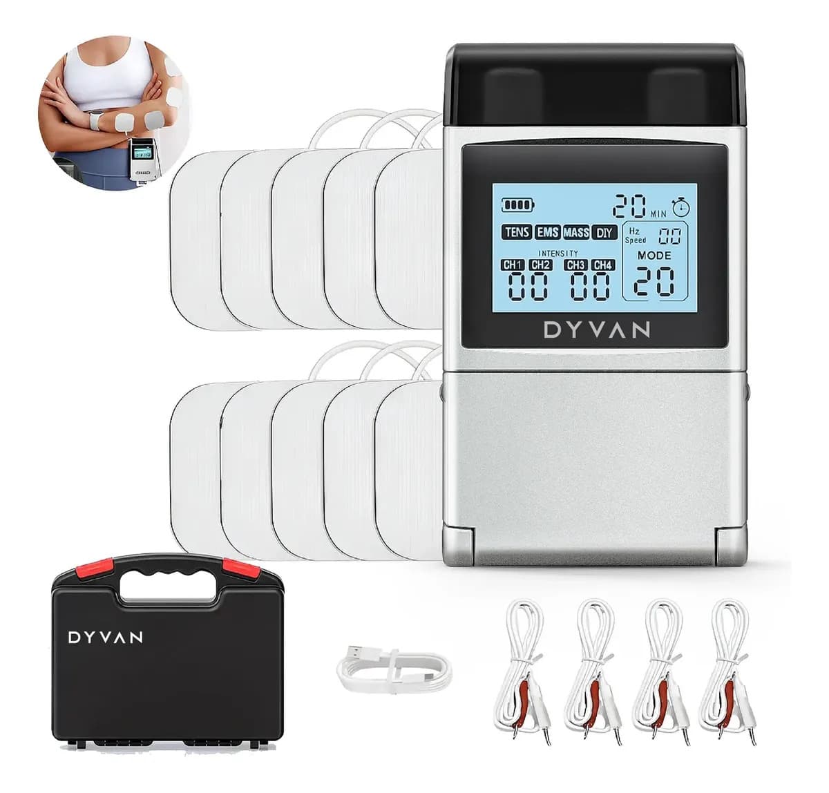 Electroestimulador Muscular Portátil Electrodos Dual A Bateria Masajes Tens Y Ems Dyvan