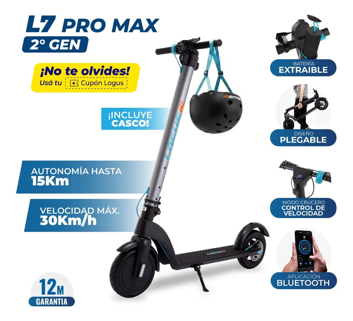 Monopatín Eléctrico Logus L7 Pro Max 350W 10" Plegable con Batería Extraíble