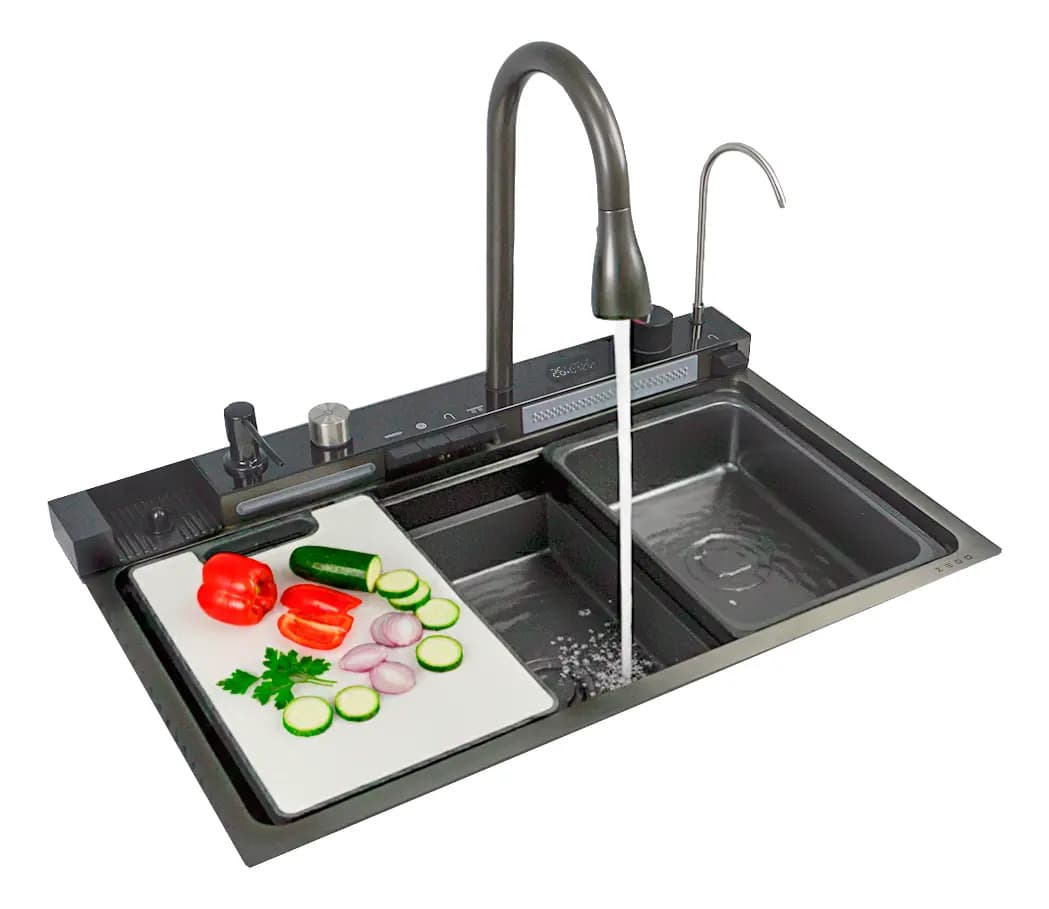 Bacha De Cocina Pvd Con Set Grifería Inteligente Acero Zego Acabado PVD Gris Ancho 45.8 cm Color Gris oscuro ZEGO0212 Espesor 3 mm Largo 74.95 cm Material Acero inoxidable Profundidad 21 cm