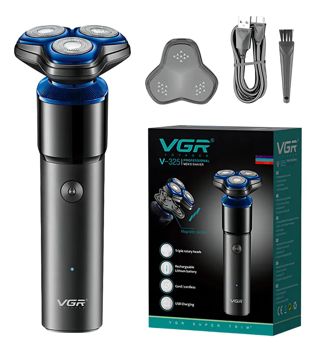 Afeitadora Eléctrica Hombre VGR V-325 Recargable Inalámbrica Negro y azul