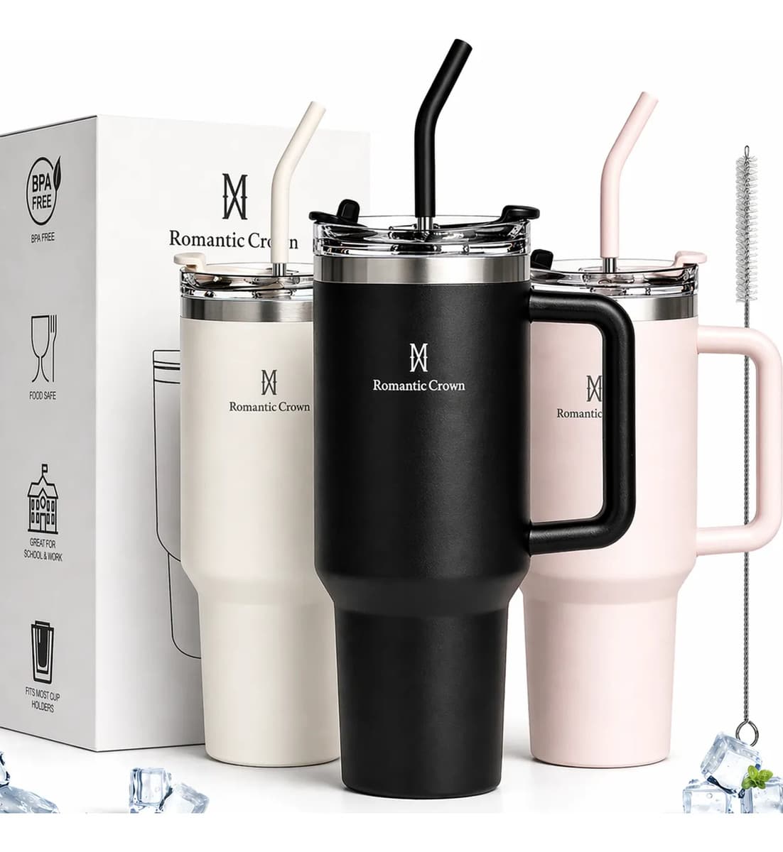 Vaso Térmico 1200ml Antiderrame Manija Sorbete Acero Inox Negro Lisa