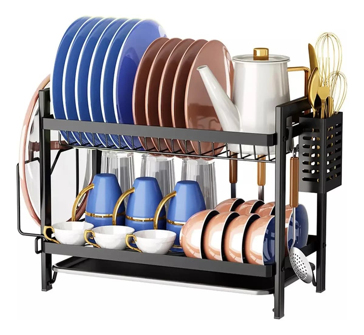 Secaplatos Escurreplatos 2 Pisos Platos Vasos De Mesada Con Bandeja Cubiertero Porta Tabla Acero Inoxidable Negro Levys Bazar Cocina Hogar
