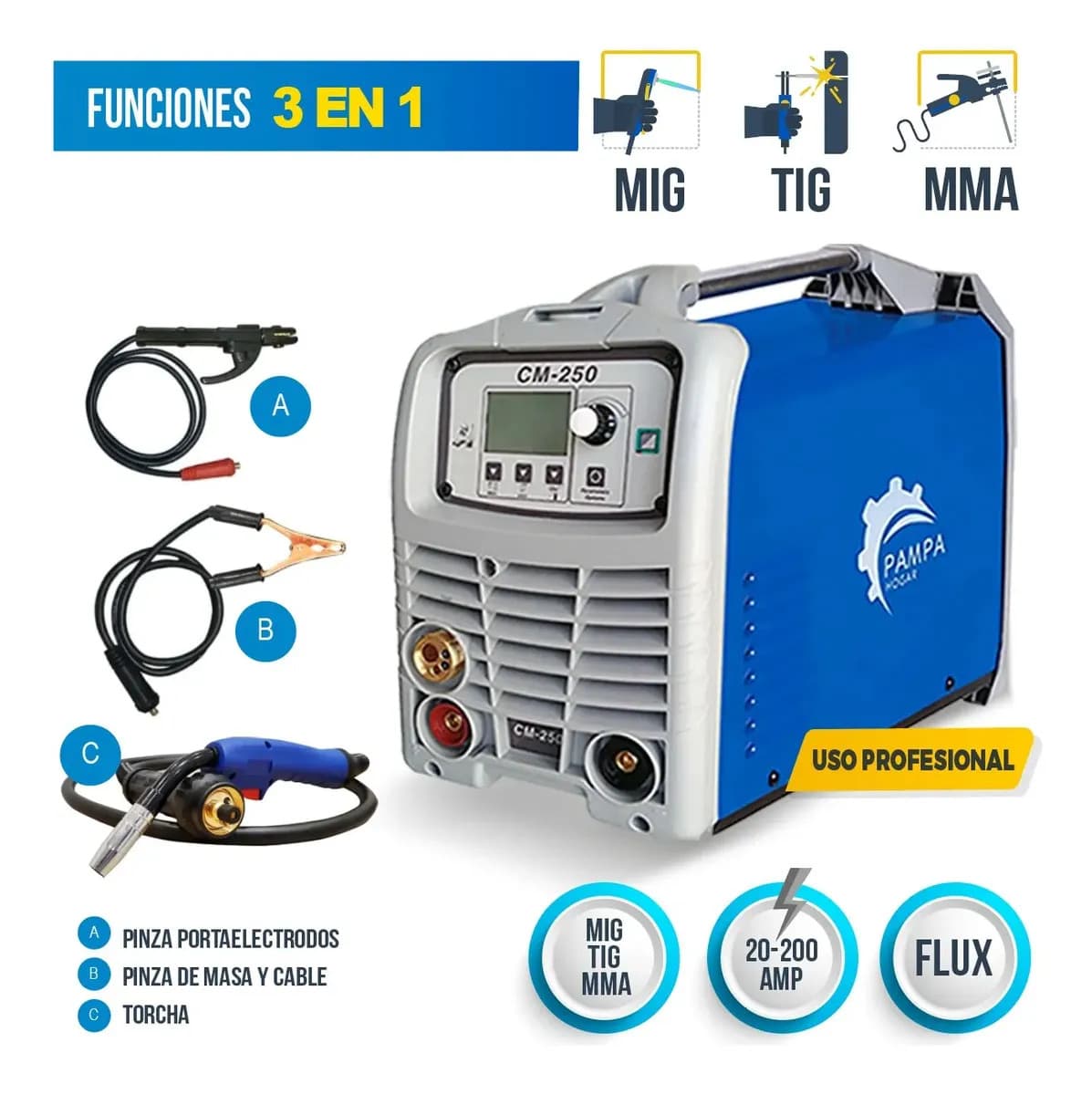Soldadora Inverter Pampa CM250 3 en 1 MIG TIG MMA Torcha mb15 con Euroconector
