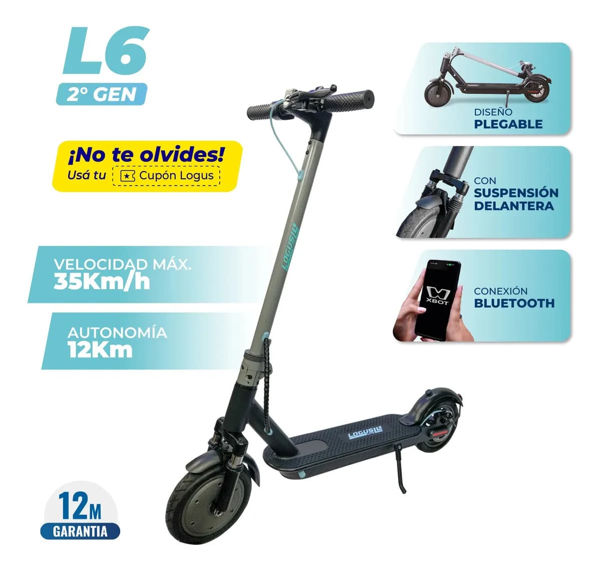 Monopatín Eléctrico Logus L6 350W Plegable con Suspensión Delantera Auton.12km