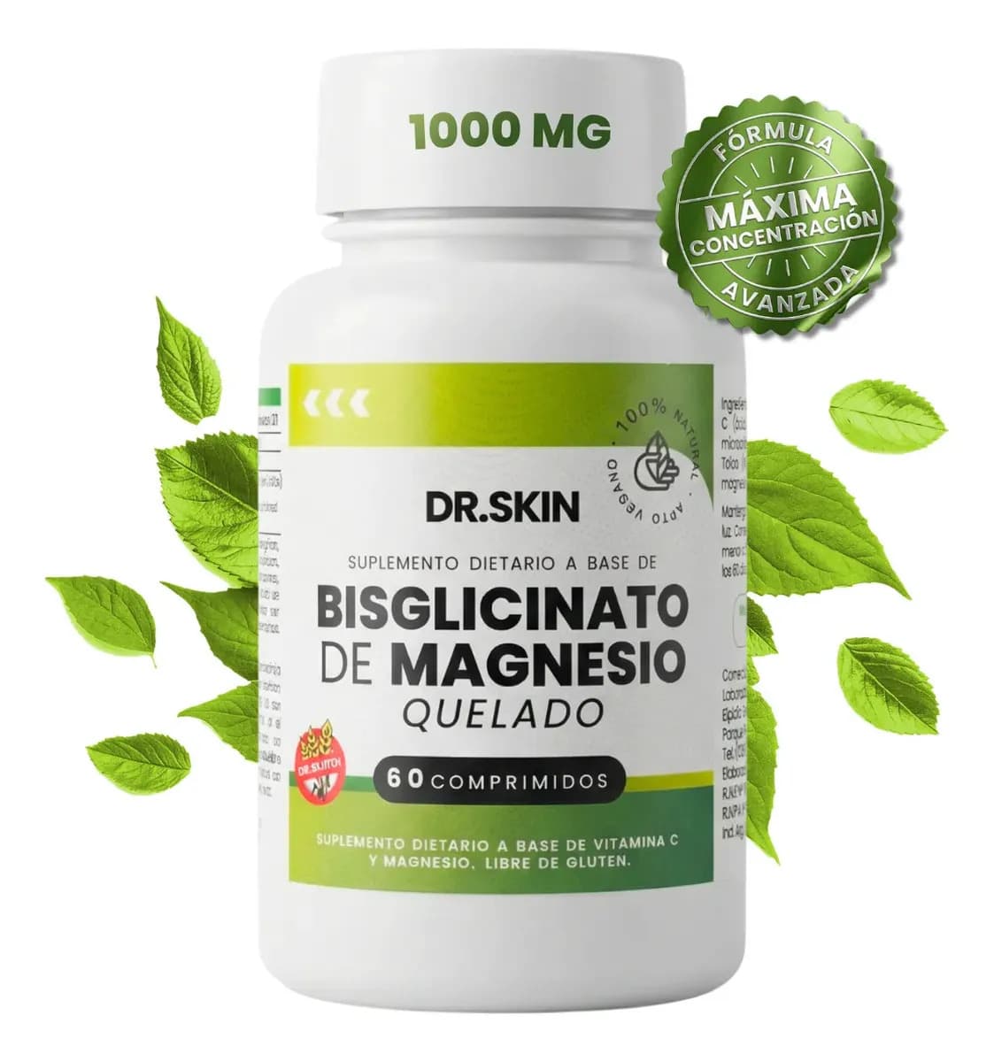 Bisglicinato De Magnesio Quelado | 1000 Mg | 60 Comprimidos | Dr Skin | ¡Dormí Mejor, Bajá El Estrés Y La Ansiedad Y Frená Contracturas Y Calambres! Alta Absorción, Energía Y Relajación | Glicinato
