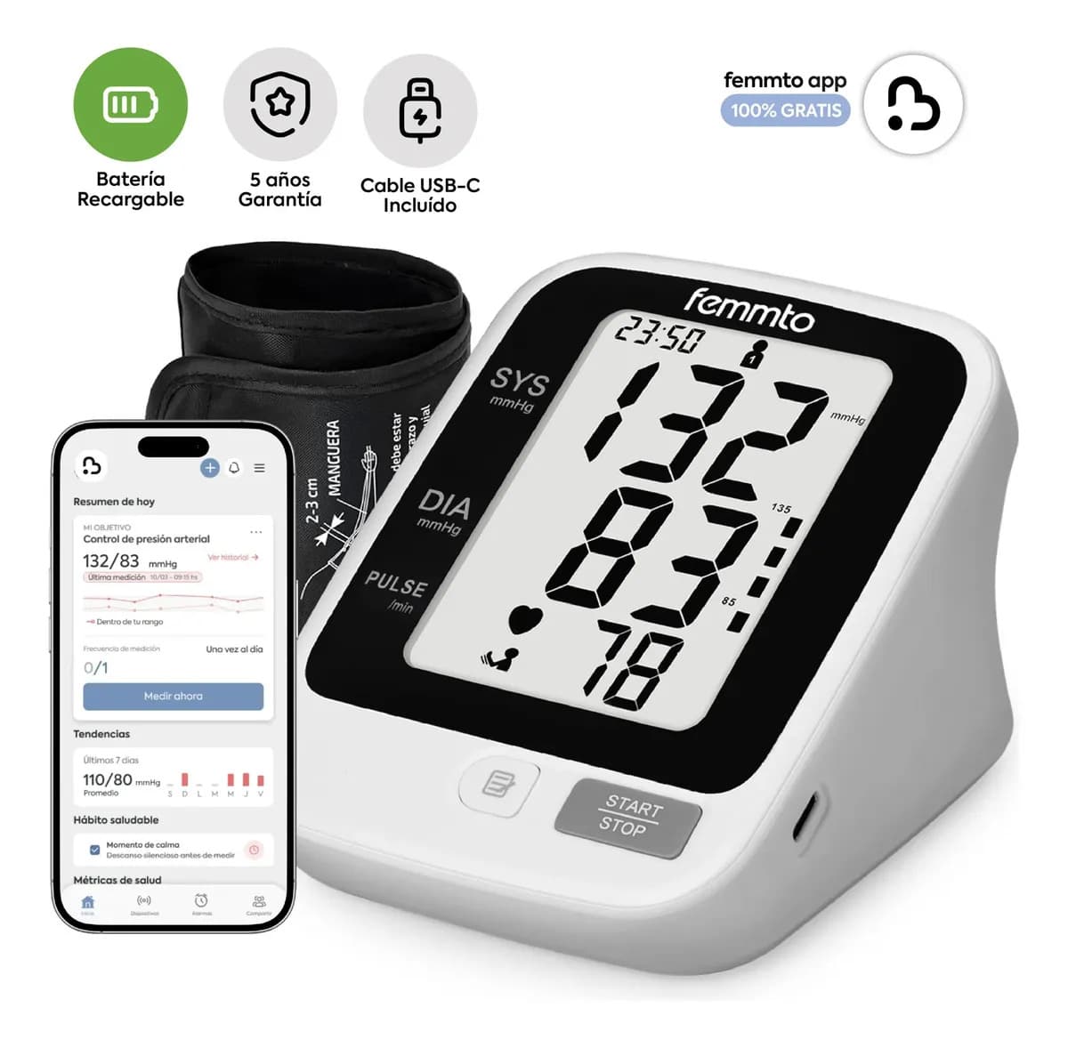 Tensiometro Digital Brazo Presion Arterial Aparato Para Tomar Presion Batería Recargable Usb Medidor Automatico Femmto