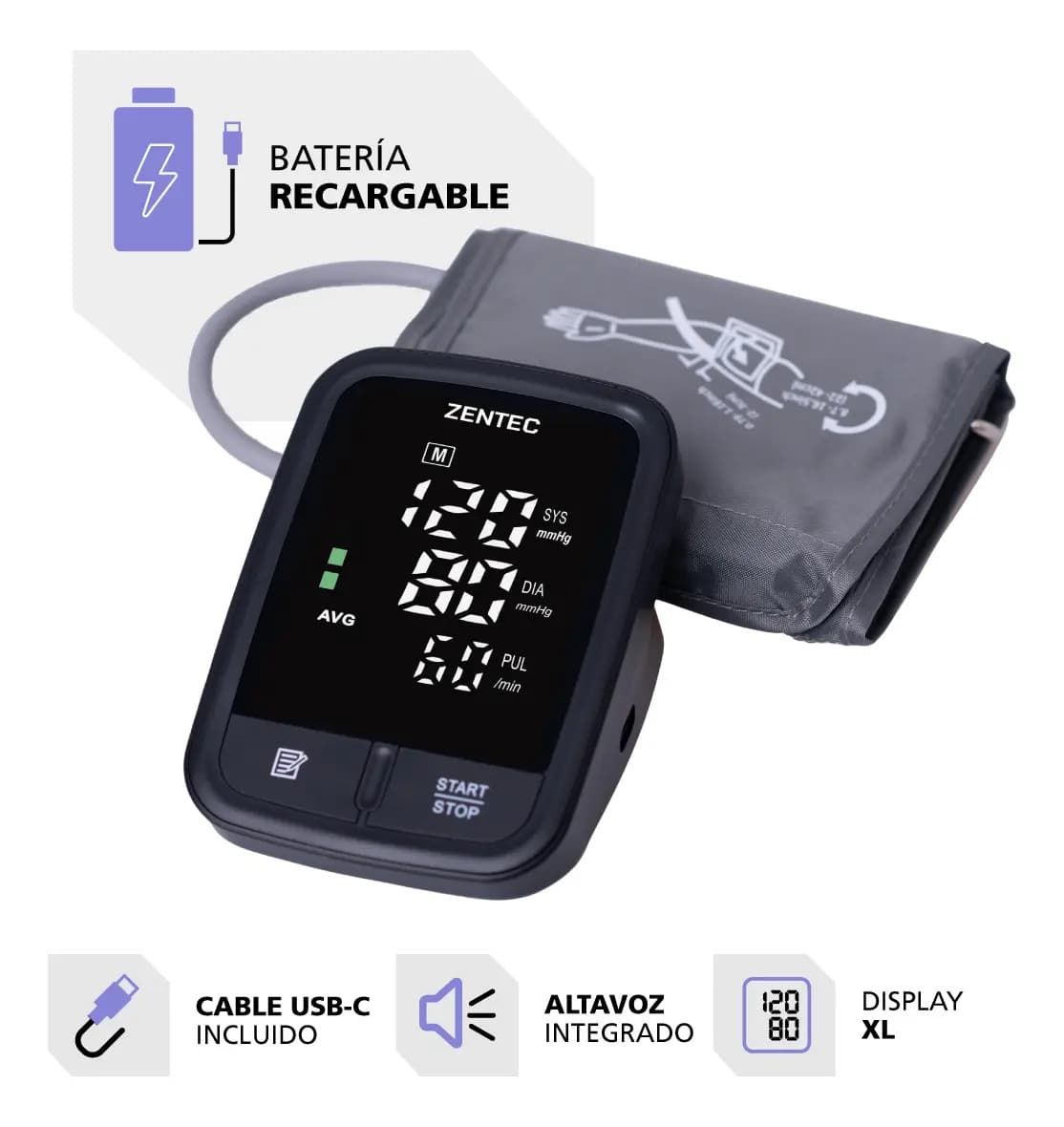 Zentec Tensiómetro Digital Brazo Tdbz10 Batería Usb-c Pantalla Hd Negro