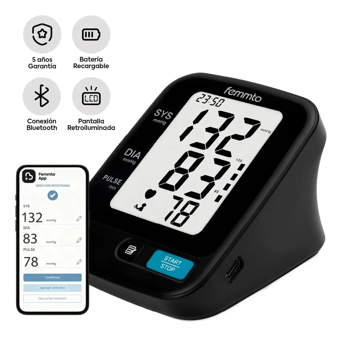 Tensiometro Digital Brazo Presion Aparato Para Tomar Presion Arterial Bluetooth Batería Usb Medidor Enfermeria Automatico Femmto Negro