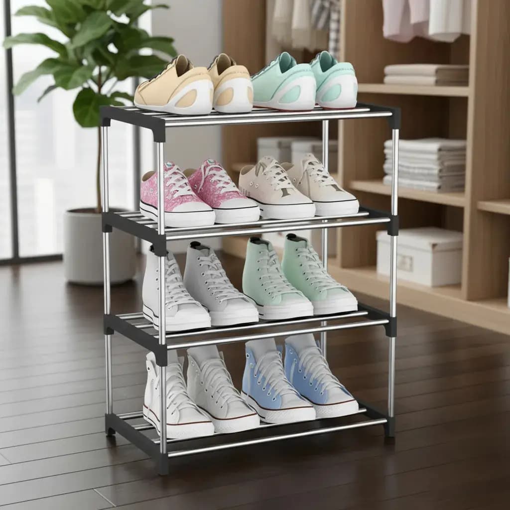 Organizador Zapatero Metálico Calzado Multiuso 4 Estantes Desarmable Apilable Con Estructura Fácil De Armar Ideal Para Hogar Dormitorio O Vestidor Levys Bazar