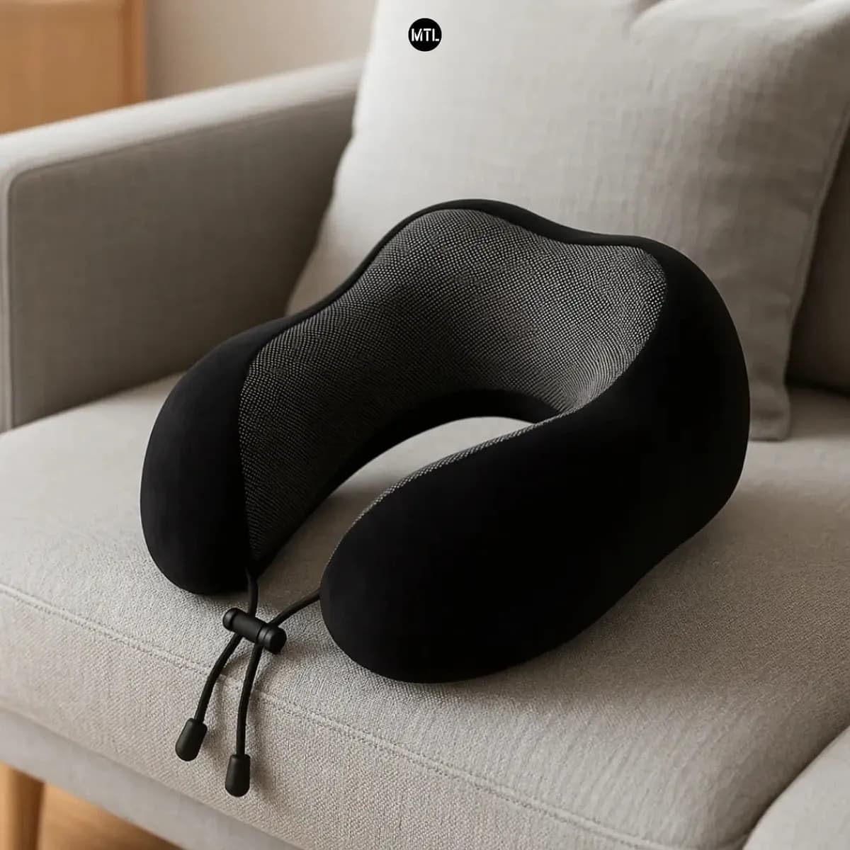 Almohada De Viaje MTL Ergonómica Cervical Espuma Viscoelástica Con Cordón Ajustable Funda Suave Lavable Antiestrés Liviana Portátil Descanso Cuello Soporte Anatómico Ideal Avión Auto Micro Negro
