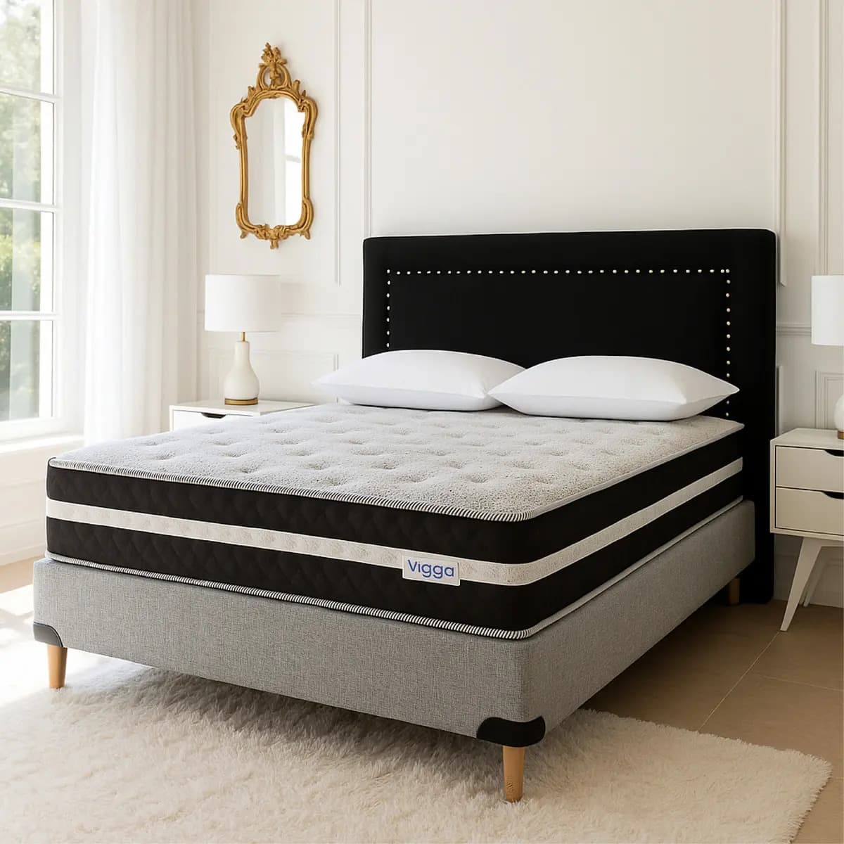Conjunto Sommier Viggo Ortopedic D60 140x190 Cm 300 Kg Color Negro Y Blanco