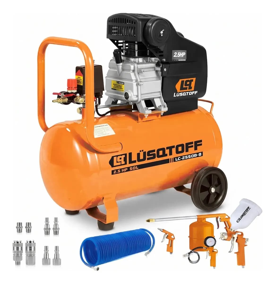 Compresor De Aire Lusqtoff 50 Litros + Kit Y Accesorios Maneko Manguera 10mts Naranja 50hz Monofásica