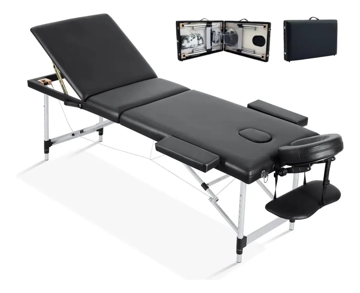 Camilla Para Masajes Jazak Profesional / Aluminio / Ideal Masajes / Depilación / Spa / Valija Plegable / Estética / Tatuajes / Apoya Brazos Y Cabeza / Reforzada / Portátil / Con Funda / Color Negro