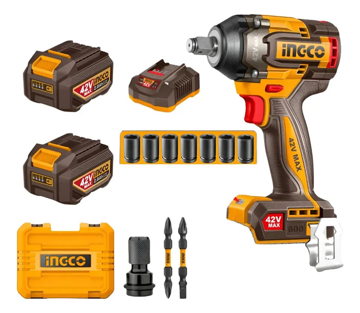 Llave De Impacto Encastre Cuadrado 1/2 600 Nm Fuerza 2 Baterias 42 V 2 Ah Cargador Motor Brushless Maletin 7 Tubos 2 Puntas 1 Adaptador