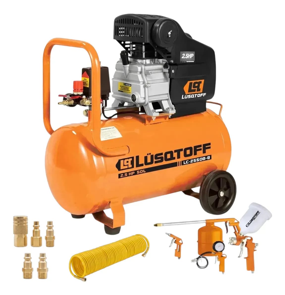 Compresor De Aire 50 Litros + Kit Y Accesorios Maneko Manguera 10mts Naranja 50hz Monofásica