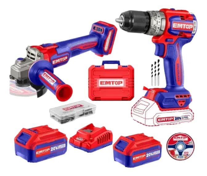 Combo Taladro Percutor Atornillador y Amoladora Brushless Emtop 20V 2 Baterías