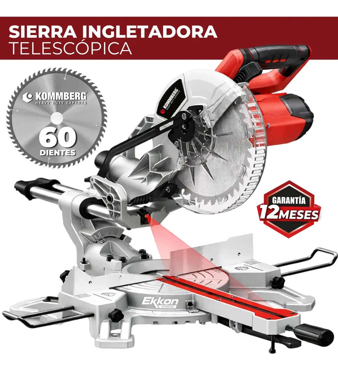 Sierra ingletadora telescópica Kommberg KB-SI2000T 2000W - 10´´ 255 mm con Laser